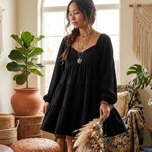Altard‎ State Womens Small Black Tiered Babydoll Dress Long Sleeve Tie Back Mini